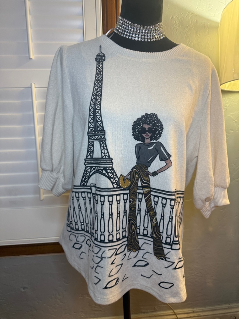 Paris Graphic Knit Top in Ivory with Black & Gold Detail